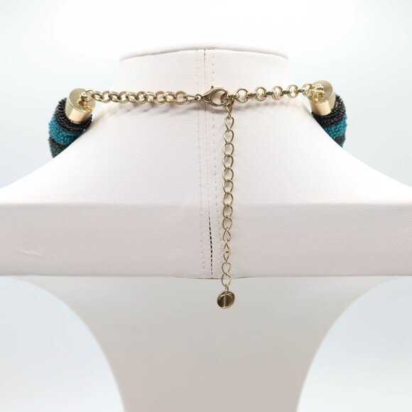 TALBOTS Seed Bead Wrapped Chunky Necklace w/ Gold Tone Chain Teal Black Brown - Picture 5 of 6